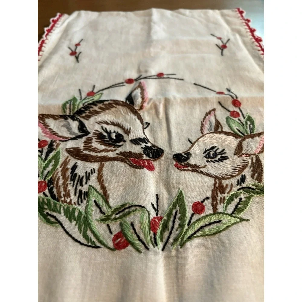 Vintage Hand Embroidered Tea Towel Table Runner Mom & Baby Deer White Red Green